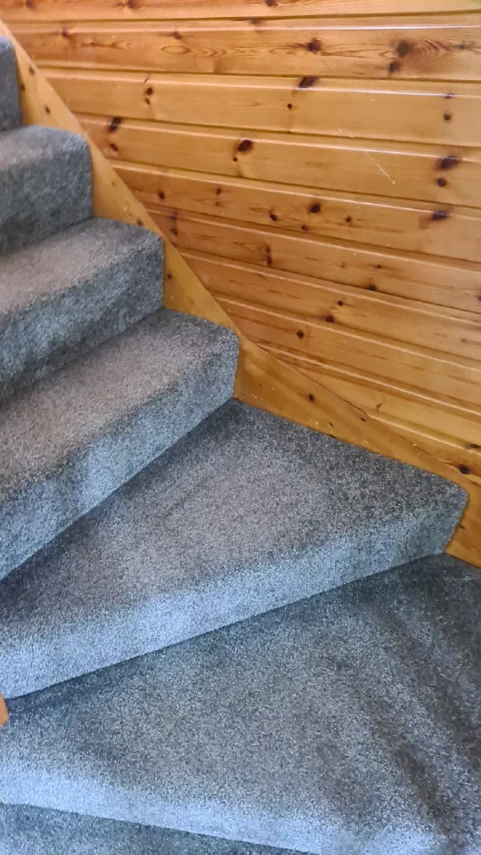 A staircase carpet after cleaning, in a wood-panelled stairwell.